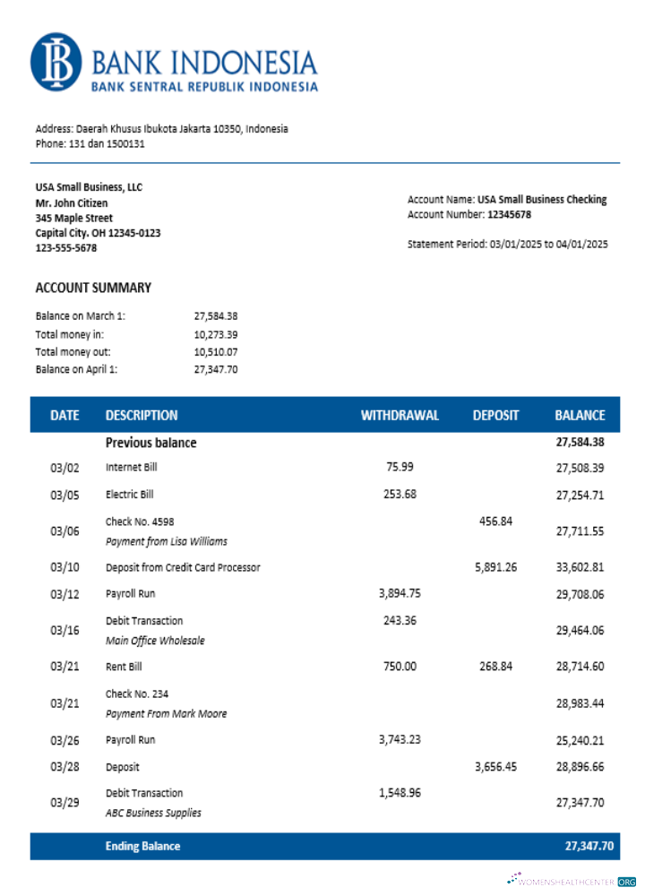 Download Bank Indonesian company checking account statement Word and PDF template Photoshop template
